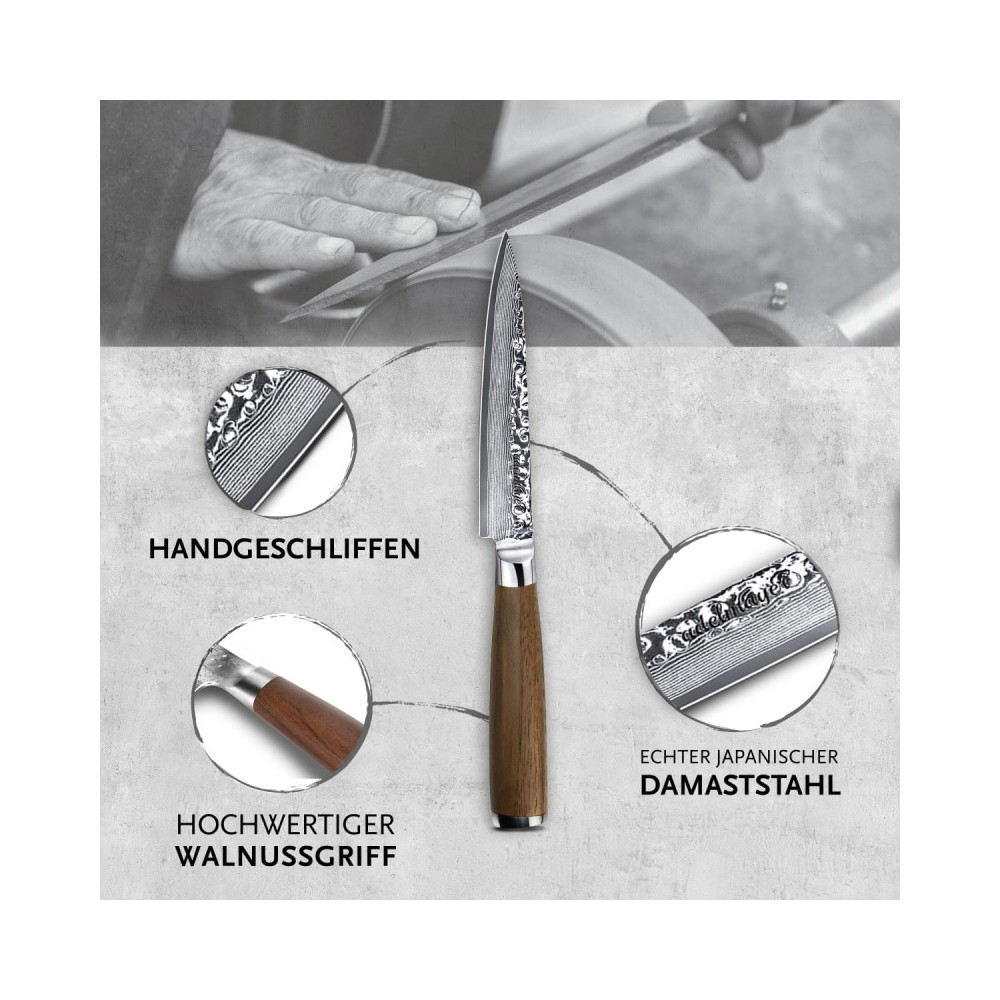adelmayer® Damast Allzweckmesser 13 cm handgeschliffen und mit Walnussgriff