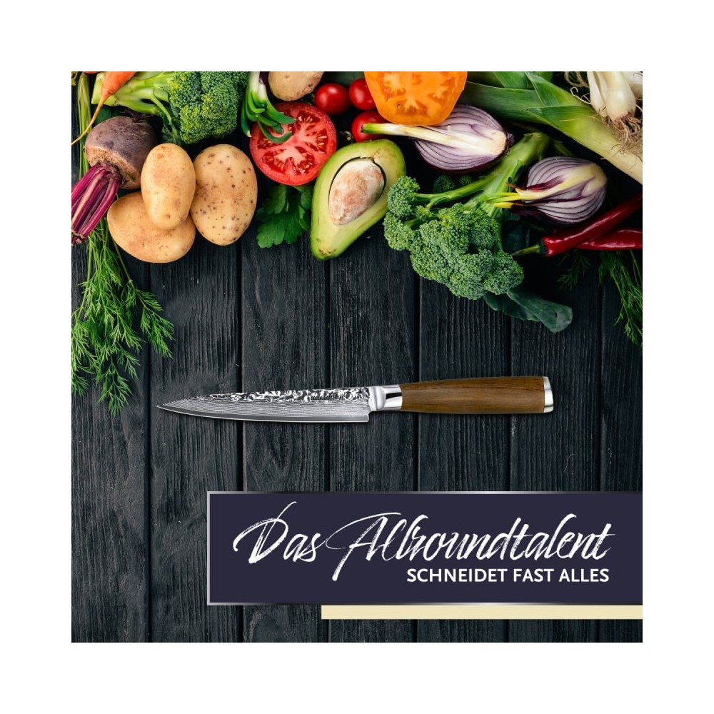 adelmayer® Damast Allzweckmesser 13 cm handgeschliffen und mit Walnussgriff